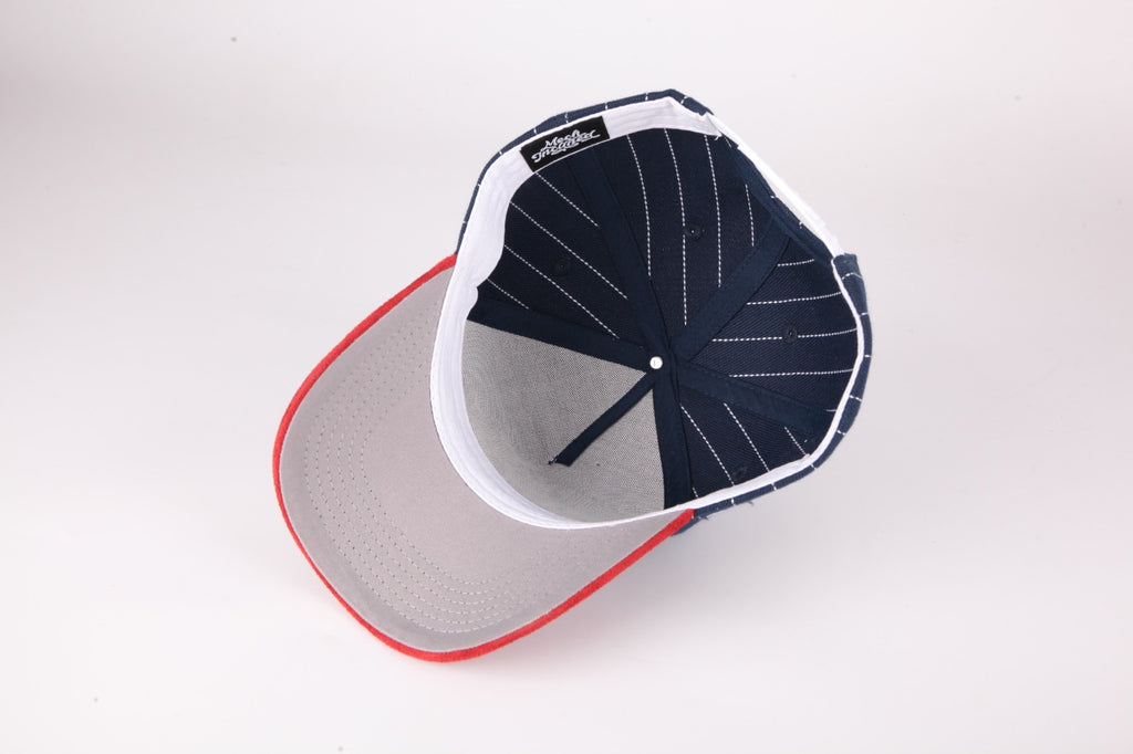 Navy Blue Pinstripe and Red suede