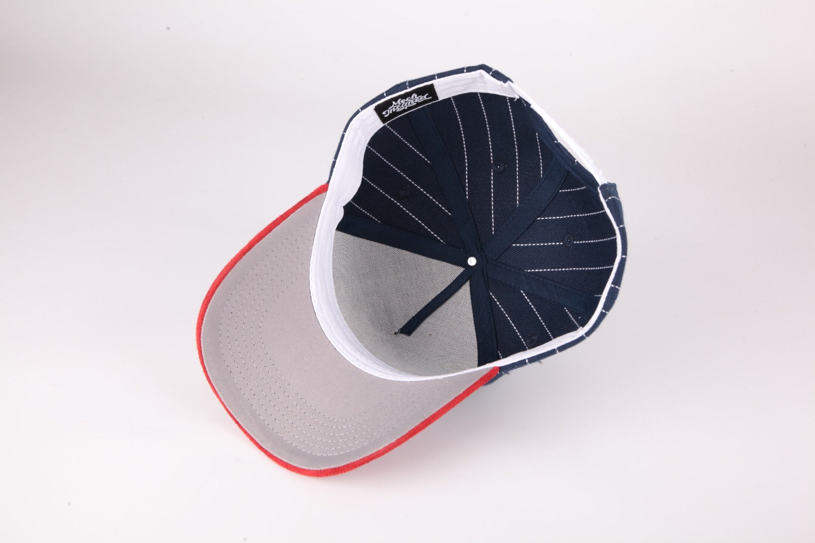 Navy Blue Pinstripe and Red suede