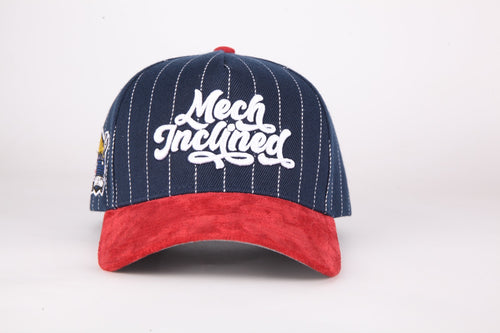 Navy Blue Pinstripe and Red suede