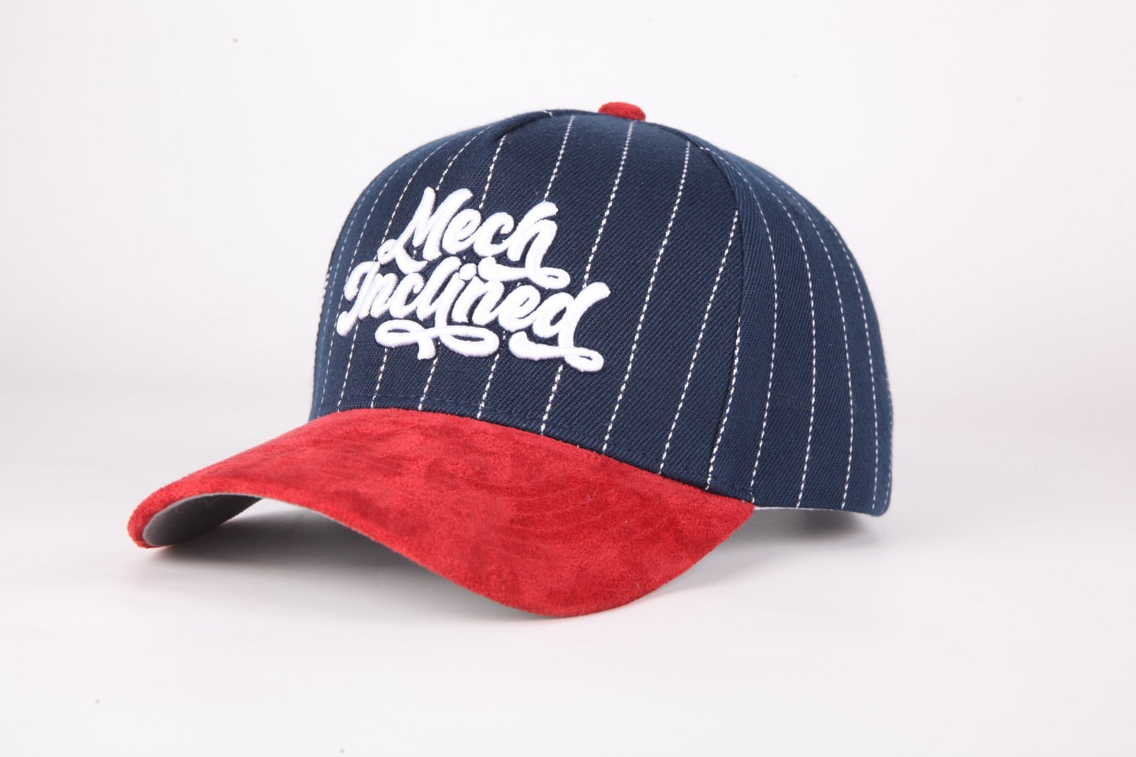 Navy Blue Pinstripe and Red suede
