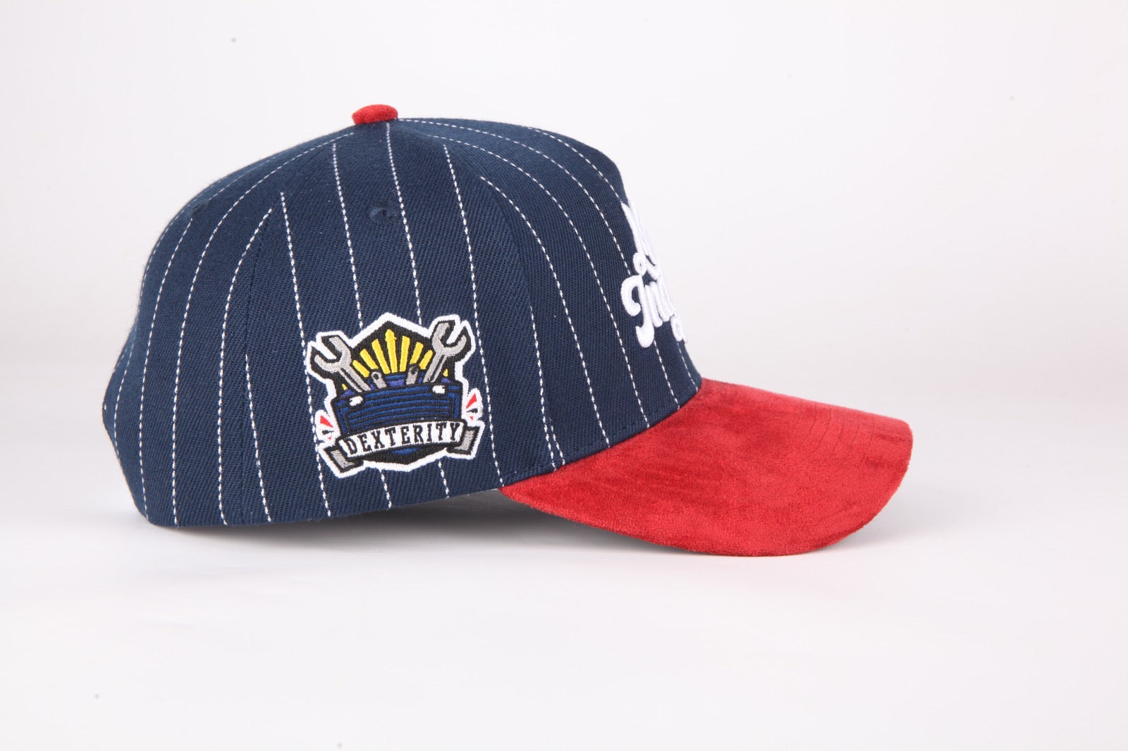 Navy Blue Pinstripe and Red suede