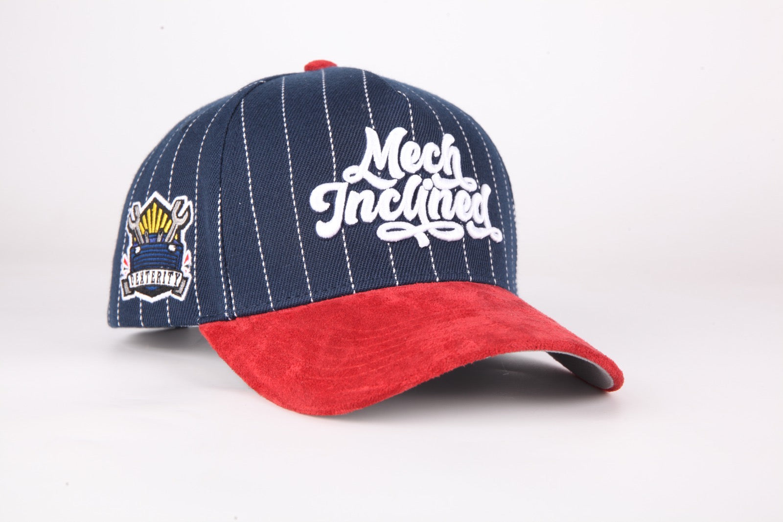 Navy Blue Pinstripe and Red suede