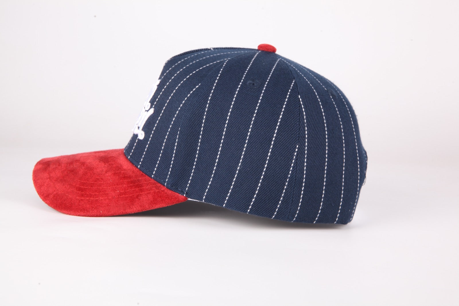 Navy Blue Pinstripe and Red suede